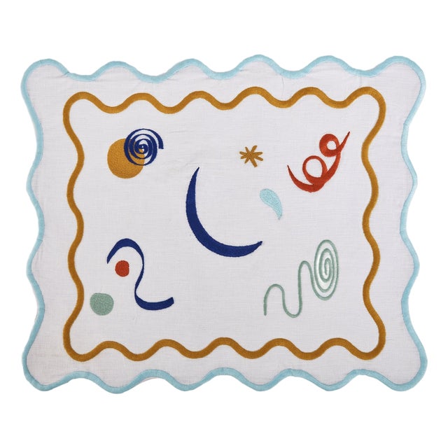 Misette Celestial Embroidered Linen Placemats in Blue/Amber, Set of 4 For Sale
