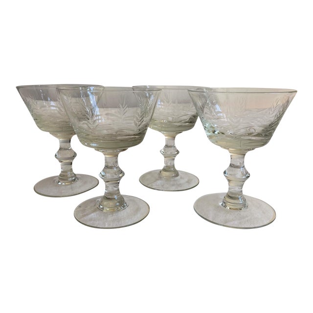 1960s Mid-Century Wheat Etched Glass Champagne Coupes - Set