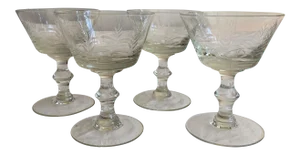1960s Mid-Century Wheat Etched Glass Champagne Coupes - Set of 4