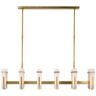 Ian K. Fowler for Visual Comfort Signature Malik Large Linear Chandelier in Hand-Rubbed Antique Brass with Alabaster For Sale