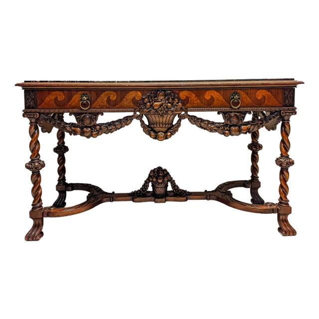 Early 20th Century Empire Mfg. Co. Victorian Revival Marquetry Console Table With Marquetry & Black/Gold Marble Top For Sale