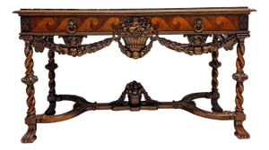 Early 20th Century Empire Mfg. Co. Victorian Revival Marquetry Console Table With Marquetry & Black/Gold Marble Top