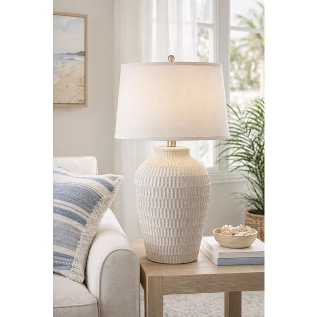 Late 20th Century Large Textural Ribbed Ceramic Table Lamp – Coastal Neutral For Sale - Image 10 of 12