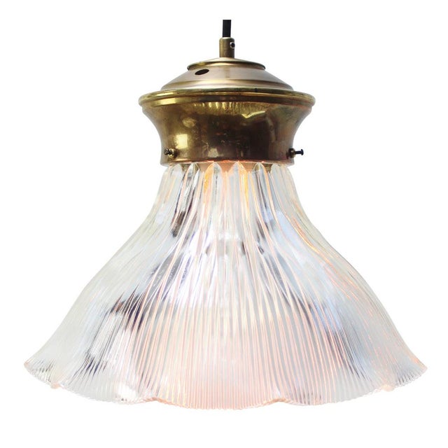 Metal Vintage Industrial Glass and Brass Pendant Light from Holophane For Sale - Image 7 of 8
