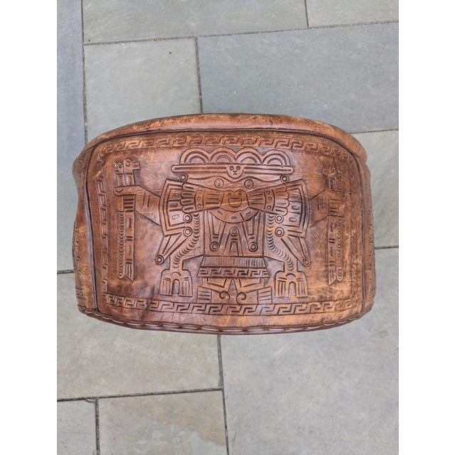 1960s Hand-Tooled Leather Ottoman With Pre-Columbian Motifs For Sale - Image 9 of 12