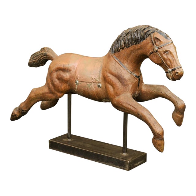 Vintage 1940s Folk Art Painted Iron Child Riding Horse Mounted on Custom Base For Sale