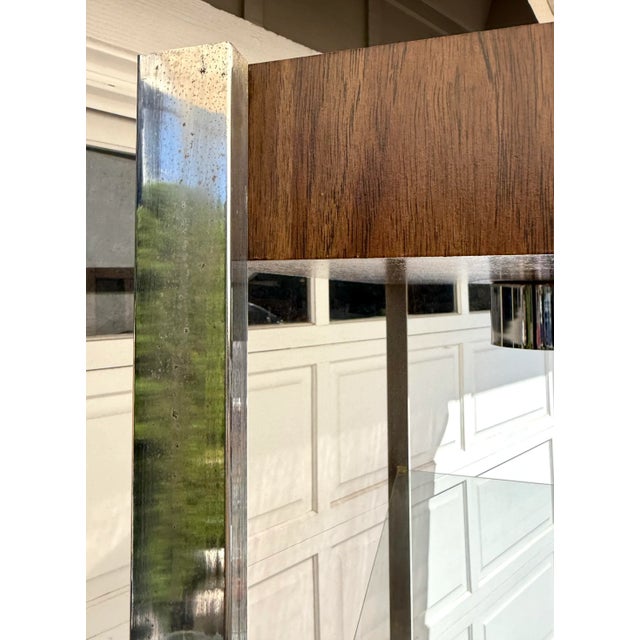 1970s Vintage Chrome and Faux Wood Etagere With Lighted Glass Shelves For Sale - Image 5 of 12