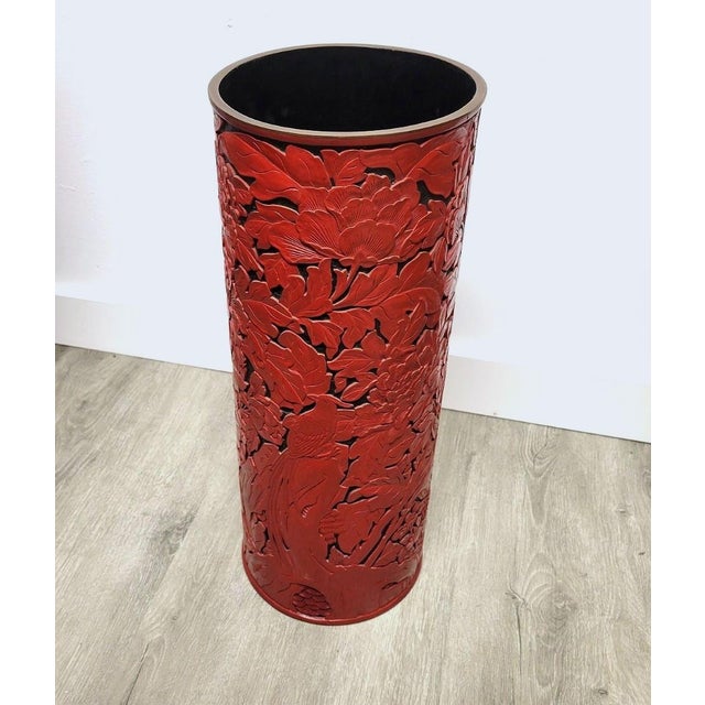 Chinoiserie Large Beijing Carved Red Cinnabar-Style Lacquer Floor Vase or Umbrella Stand With Peonies & Pheasant For Sale - Image 3 of 12
