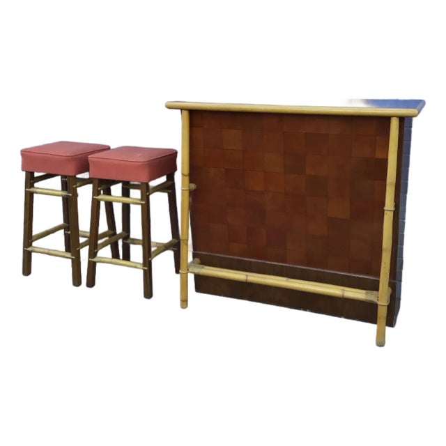 Mid 20th Century Modern Dry Bar and Barstool Set Attributed to Ficks Reed For Sale