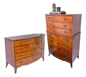 1940s Bow Front Flame Mahogany Dresser & Highboy | Attributed to Drexel Heritage | Georgian Revival Bedroom Suite (Pair)