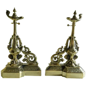 Brass Chenets or Andirons, Magical or Oil Lamp Motif, 19th Century - a Pair