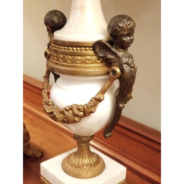 Vintage Italian Pair of 7-Light Gilt Bronze & Marble Figural Cherub Candelabras For Sale - Image 9 of 18