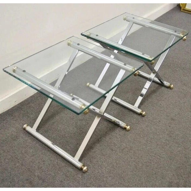 Mid Century Modern Hollywood Regency Chrome Brass Glass X Form Side Table - Pair For Sale - Image 12 of 12