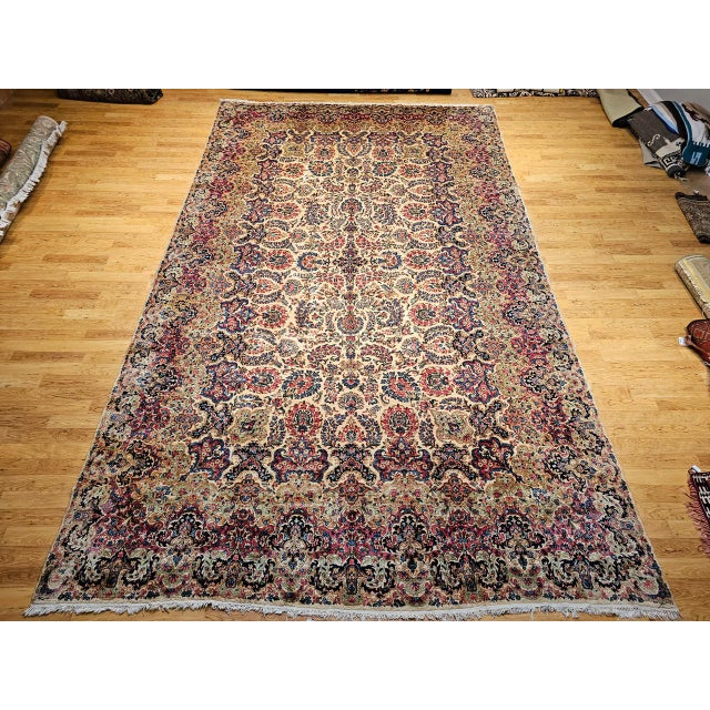 Vintage Oversized Persian Kerman Rug, Hand-Knotted Wool, Allover Floral Pattern, Ivory & Red, 11’ X 18’ For Sale In Chicago - Image 6 of 14