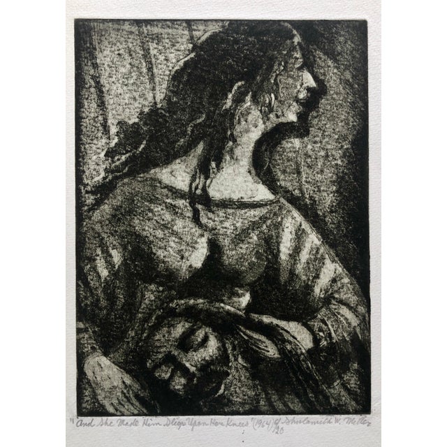 Shulamith Wittenberg Miller, "She Made Him Sleep on her Knees" Etching Israeli Judaica Bezalel School Woman, 1964 For Sale