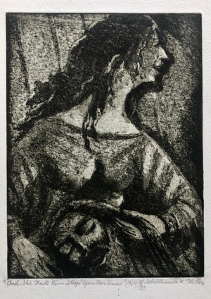 Shulamith Wittenberg Miller, "She Made Him Sleep on her Knees" Etching Israeli Judaica Bezalel School Woman, 1964