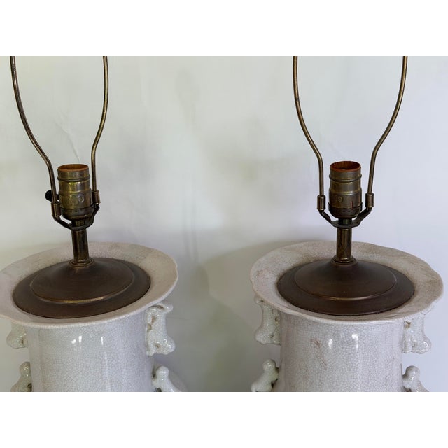 Vintage Large Chinese Blanc De Chine Crackle Glazed Porcelain Foo Dog Handle Table Lamps on Hardwood Bases a Pair For Sale In Chicago - Image 6 of 11
