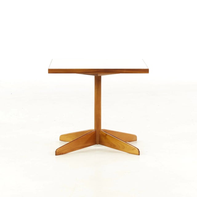 Wood Edward Wormley Style Mid Century Walnut and White Laminate End Tables - Pair For Sale - Image 7 of 12
