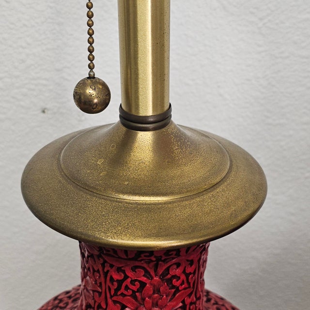 Red Mid 20th Century Mid-Century Chinese Hand-Carved Cinnabar Lacquer Table Lamps, Pair For Sale - Image 8 of 18