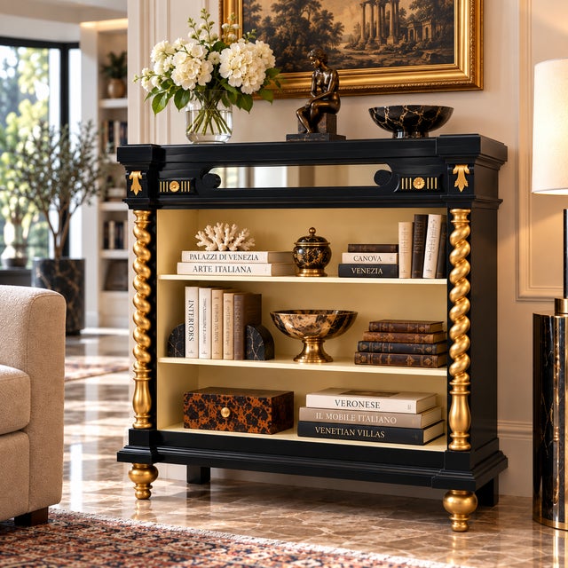 Ebonized Neoclassic Carved Walnut & Lacquered Bookcase, 1900s For Sale - Image 9 of 10