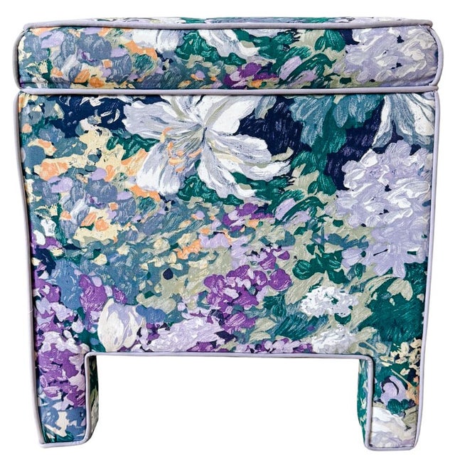 Lavender Pair of Vintage Impressionist Floral Upholstered Parsons Style Bench Ottomans For Sale - Image 8 of 13