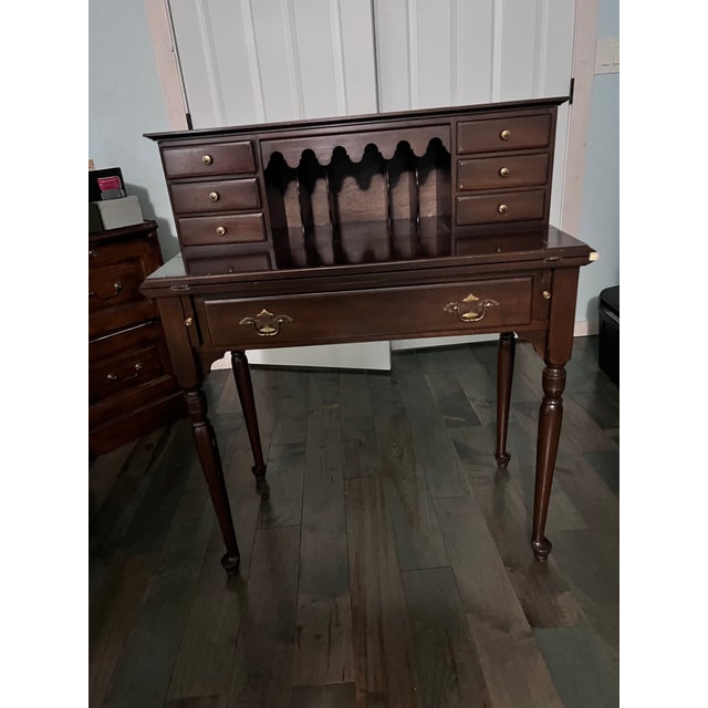 Wood 1980s Ethan Allen Georgian Court Nightstands, Lingerie Chest, Highboy Dresser and Desk For Sale - Image 7 of 8