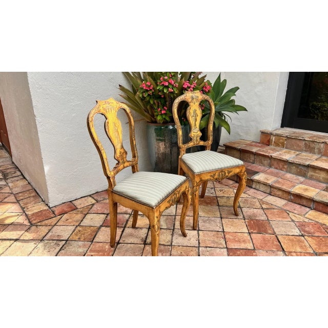These beautifully crafted Italian hand-painted chairs have been recently reupholstered. The rich patina developed over the...