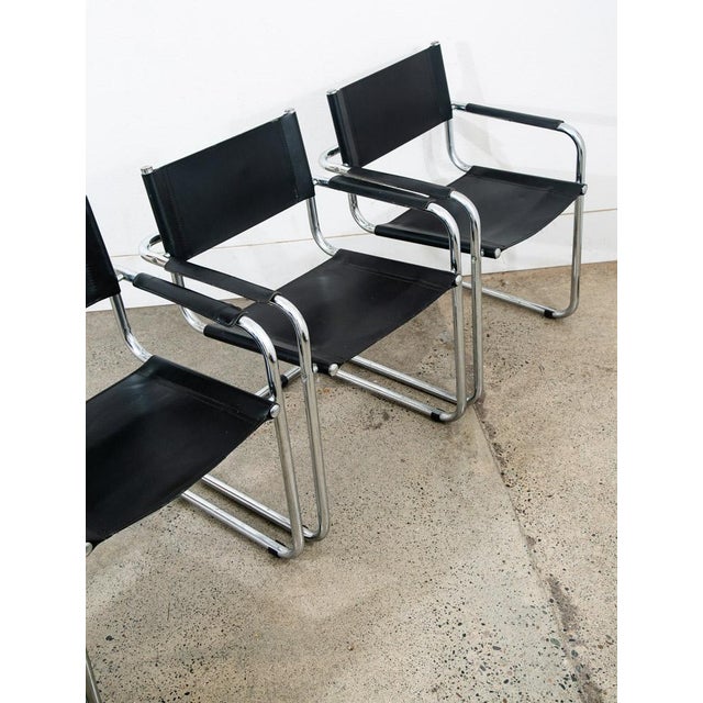 1970s Mid Century Modern Armchairs Chairs Set 4 Black Leather Italy Italian Vintage For Sale - Image 11 of 12