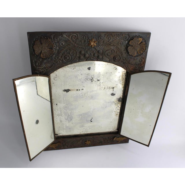 Metal Vintage Mexican Folk Art Punched Tin “Hojalata” Mirror W/ Brass Accents For Sale - Image 7 of 12