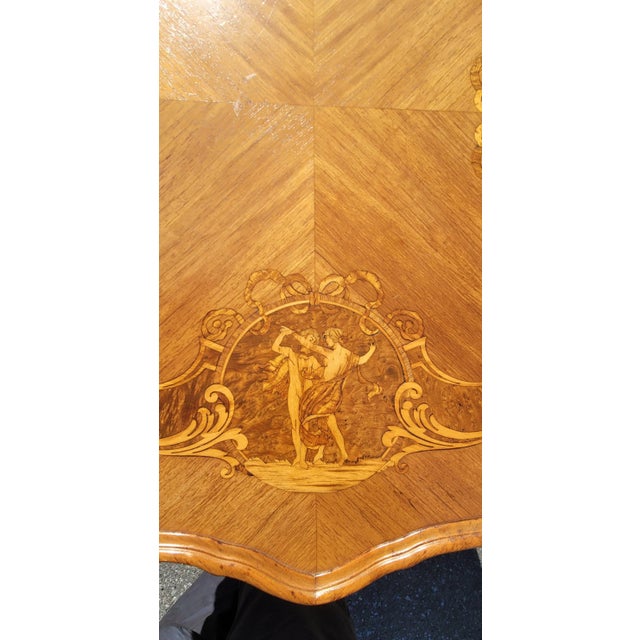 Louis Xv Style Marquetry and Carved Walnut and Mahogany Center Table With Center Stretcher For Sale - Image 9 of 11