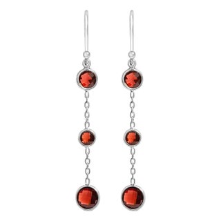 .925 Sterling Silver Graduating Bezel Set Red Garnet Dangle Earrings, A Pair For Sale