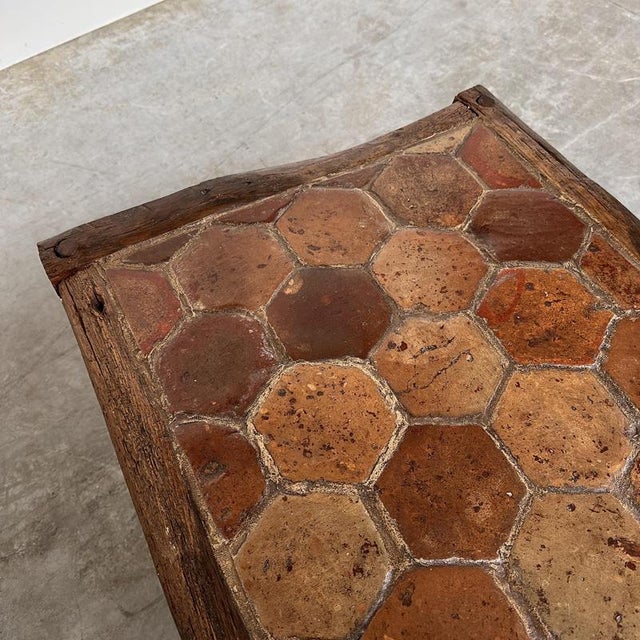 Vintage French Terracotta Tile Coffee Table with Oak and Iron Base, France For Sale - Image 5 of 12