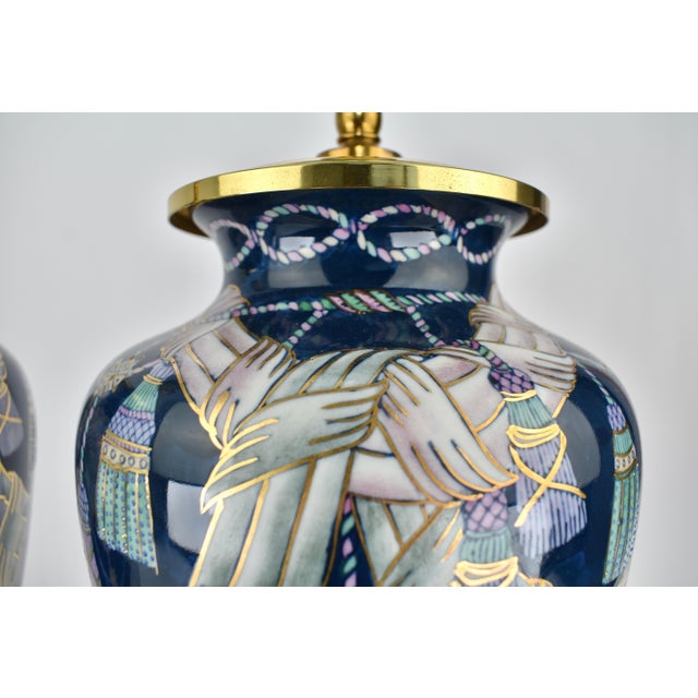 Metal 1980s Tassel Decorated set of Chinese Porcelain Table Lamps For Sale - Image 7 of 9