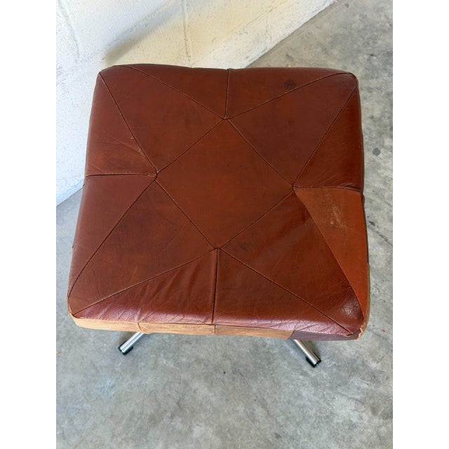 Chrome Square Brown Leather Ottoman With Chrome Base Vintage Mid-Century Modern 1970s For Sale - Image 8 of 10