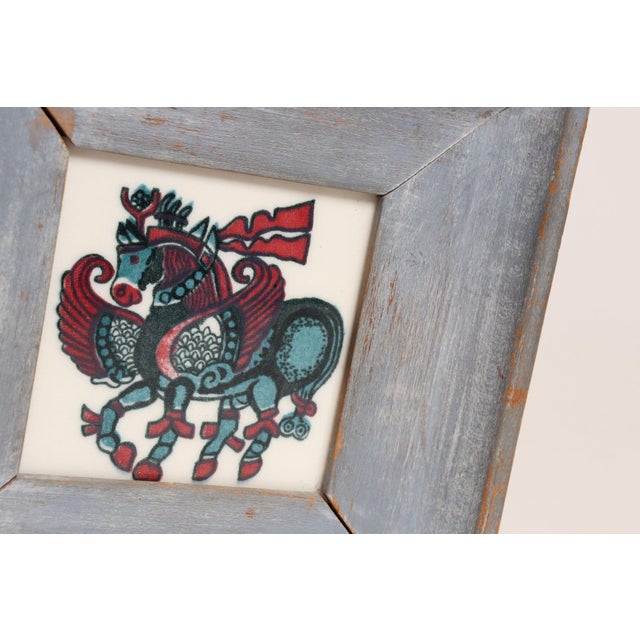 Vintage Deco Folk Art Painted Wood and Wheeling Ceramic Tile "Pegasus" Bookend For Sale - Image 10 of 14