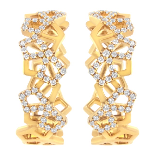 Contemporary 14K Yellow Gold 3/4 Cttw Diamond Honeycomb Hoop Earrings, A Pair For Sale - Image 3 of 6