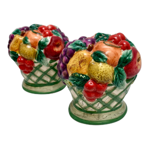 Vintage Whimsical Ceramic Fruit Basket Pair of Salt and Pepper Shakers