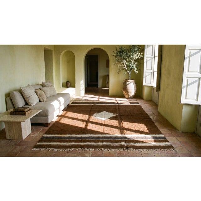 1930s Brown Medallion Kilim Antique Turkish Mohair Flat-Weave Rug 4'3" X 6' Wool Carpet For Sale - Image 13 of 15