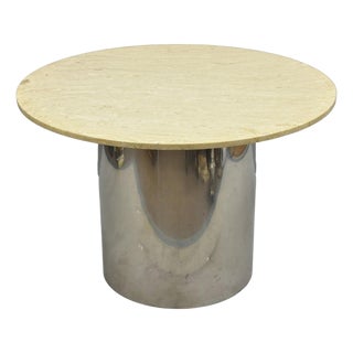 Vintage Mid Century Modern Round Travertine Chrome Steel Pedestal Dining Table For Sale