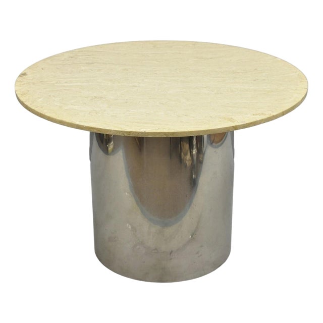 Vintage Mid Century Modern Round Travertine Chrome Steel Pedestal Dining Table For Sale