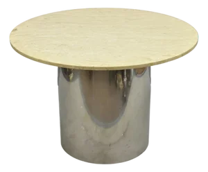 Vintage Mid Century Modern Round Travertine Chrome Steel Pedestal Dining Table