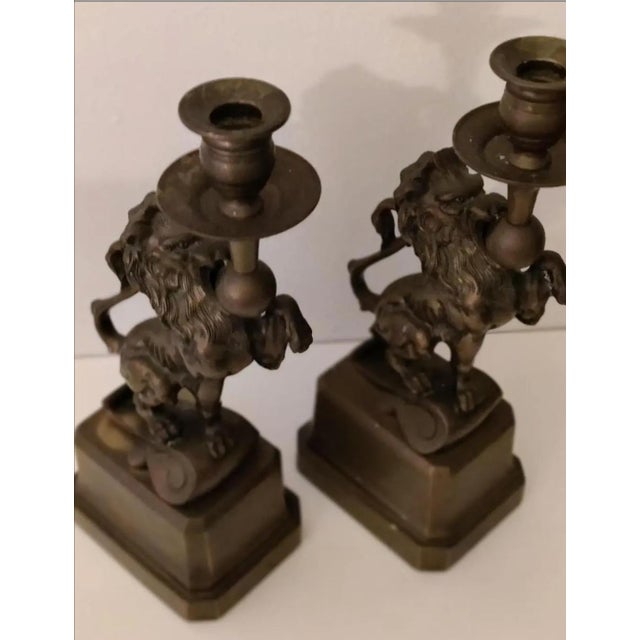 Bronze Mid 20th Century Pair of Heavy Bronze French Renaissance Lion Candle Holders For Sale - Image 8 of 10