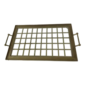 Vintage Square Lattice Center Gilt Metal Decorative / Serving Tray Farmhouse, Hollywood Regency, Modern Style