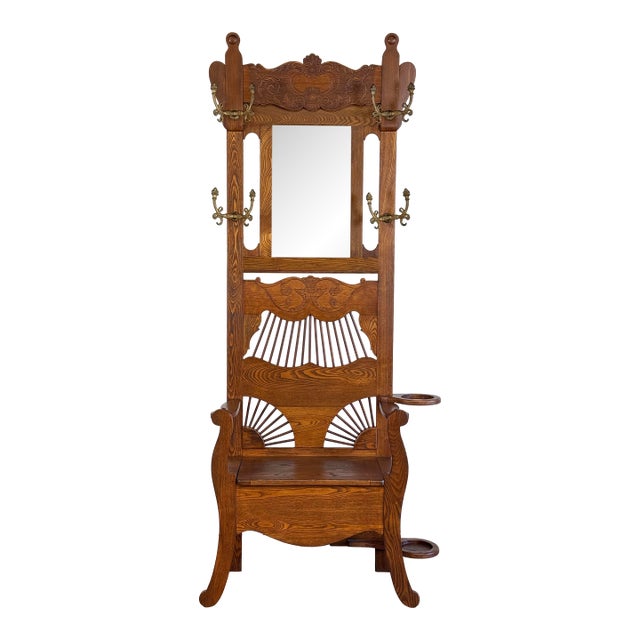 Antique Early 20th C American Oak Hall Tree For Sale