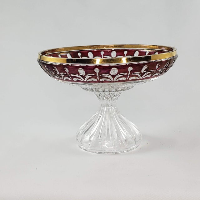 Vintage Anna Hutte Bleikristall Ruby Gold Compote Crystal Pedestal Footed Bowl It is about 4.25" tall and 6" in diameter....