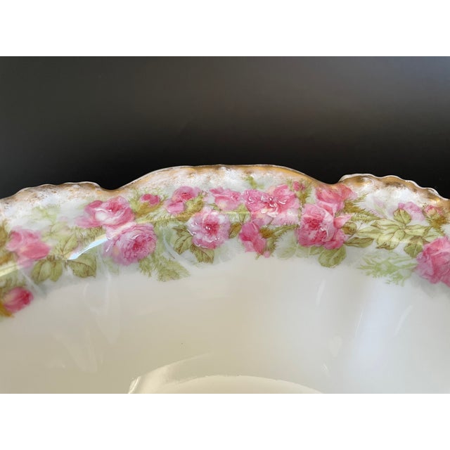 Ceramic Antique Jean Pouyat Limoges Large Serving Bowl With Pink Roses For Sale - Image 7 of 13