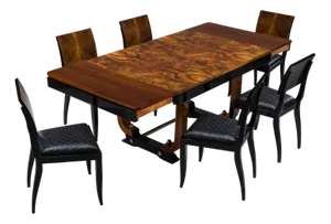 Art Deco French Walnut & Burl Dining Set, 1930s, Set of 7