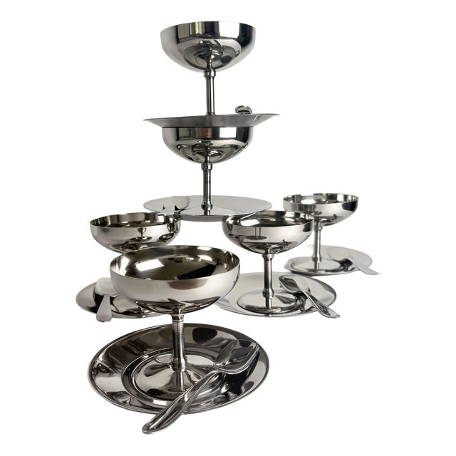 Vintage Italian Stainless Steel Dessert Coupe Set, 1980s, Set of 18 For Sale