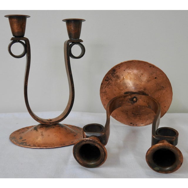 Mid 20th Century Mid Century Handmade Hammered Copper Double Candlesticks - a Pair For Sale - Image 5 of 13