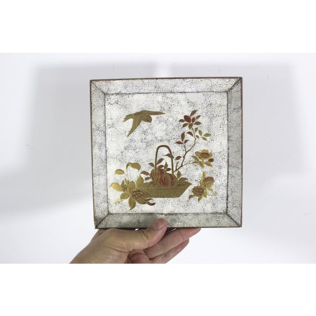 White Antique Japanese Lacquered Wood Tray Square White and Gold Bird and Fruit For Sale - Image 8 of 8